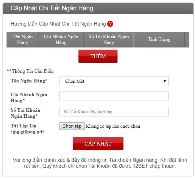 cập nhật thông tin ngân hàng 12bet