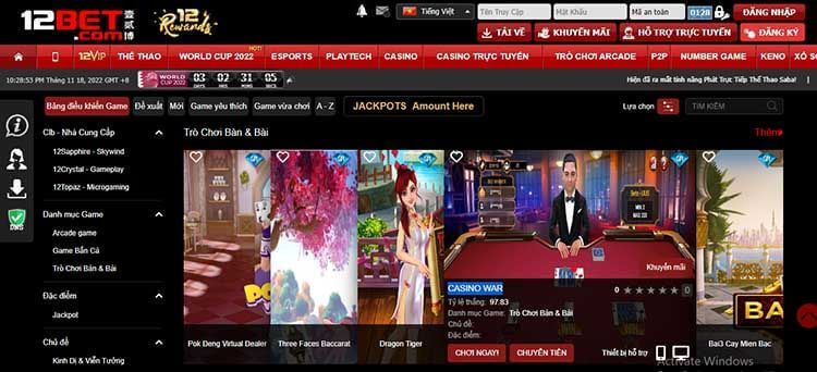 chơi casino war tại 12bet